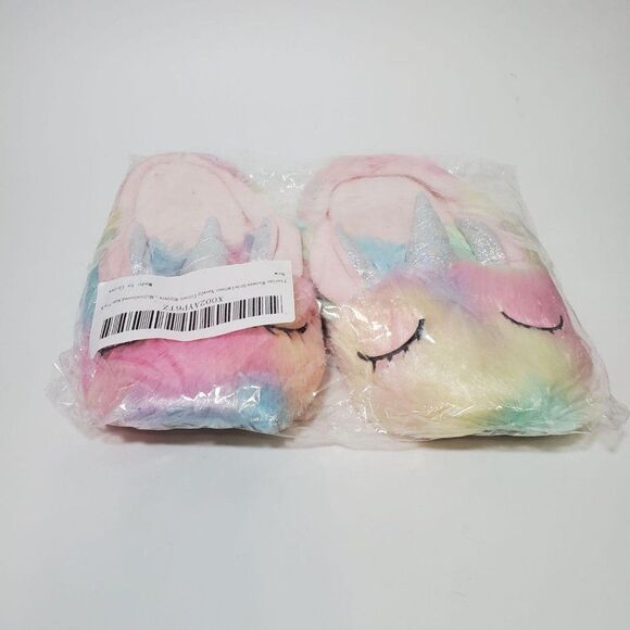 Sweet Dreams Rainbow Pastel Fuzzy Girly Sleeping Plush Unicorn House Slippers - Picture 4 of 4
